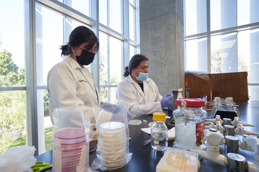 In a laboratory at Tec de Monterrey, the contemporary artist Said Dokins is shown in the midst of a work-in-progress experimentation for the Bio Recrituras project. Dra Carmen González, Aurea Ramírez and Paola Angulo working with the artist