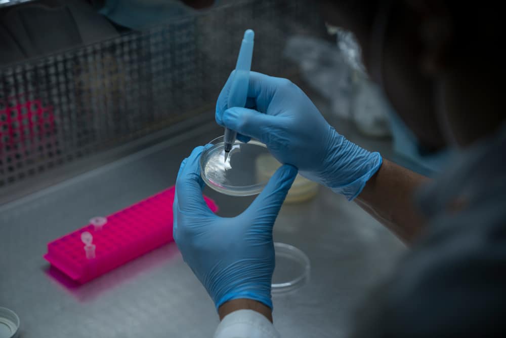 In a laboratory at Tec de Monterrey, the contemporary artist Said Dokins is shown in the midst of a work-in-progress experimentation for the Bio Recrituras project. Dra Carmen González, Aurea Ramírez and Paola Angulo working with the artist